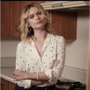 NWT Sézane Florence-shirt-black-white-polka-dots-silk Sz 36